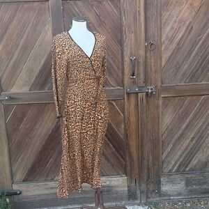 Zara Brown Leopard Long Sleeve Dress ties on the side S